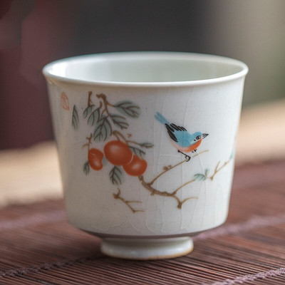 Ceașă de ceai din ceramică retro, ceașcă portabilă de meditație de călătorie, cu model de flori pictate manual, bol de ceai Pu'er Master Cup, accesorii pentru set de ceai