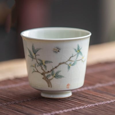 Ceașă de ceai din ceramică retro, ceașcă portabilă de meditație de călătorie, cu model de flori pictate manual, bol de ceai Pu'er Master Cup, accesorii pentru set de ceai