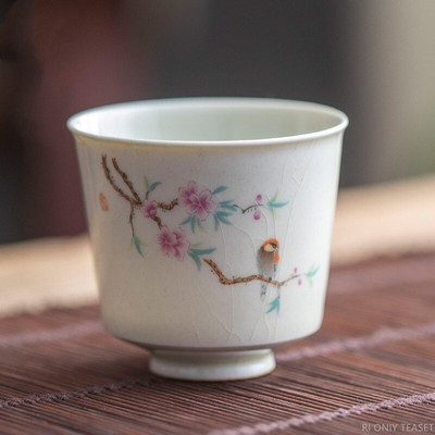 Ceașă de ceai din ceramică retro, ceașcă portabilă de meditație de călătorie, cu model de flori pictate manual, bol de ceai Pu'er Master Cup, accesorii pentru set de ceai