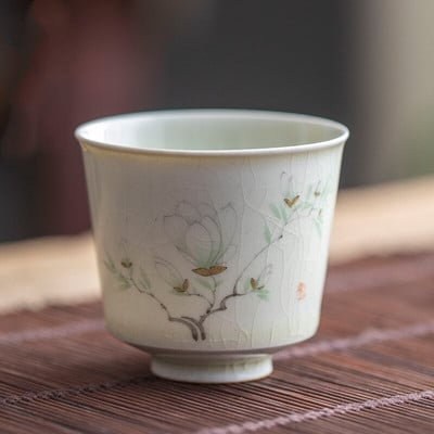 Ceașă de ceai din ceramică retro, ceașcă portabilă de meditație de călătorie, cu model de flori pictate manual, bol de ceai Pu'er Master Cup, accesorii pentru set de ceai