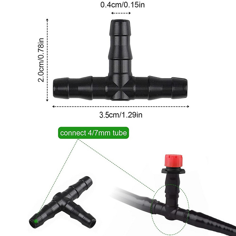 50/100/200db műanyag tüskés TEE csatlakozó 4/7 mm-es mikrospray-tömlőhöz kültéri kerti pázsit öntöző öntözőrendszerekhez
