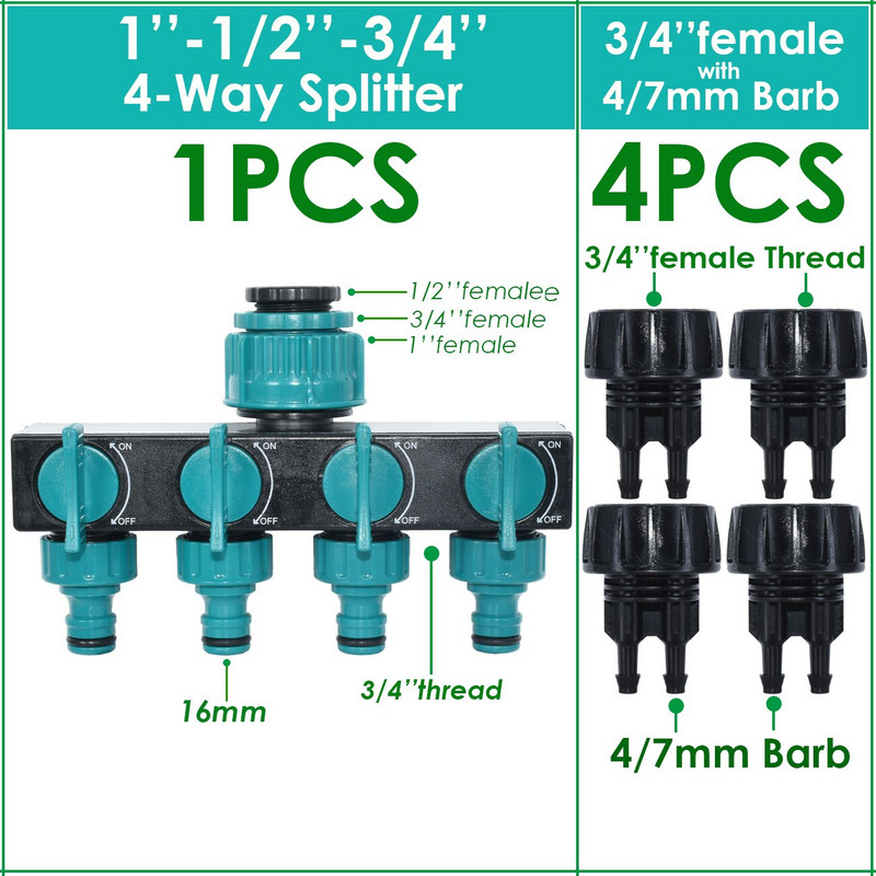 KESLA 1/2'' 3/4'' 1'' Distribuitor de apă cu 4 căi de ieșire Grădină 4/7mm 8/11mm Adaptor pentru furtun de udare Supapă de închidere pentru seră