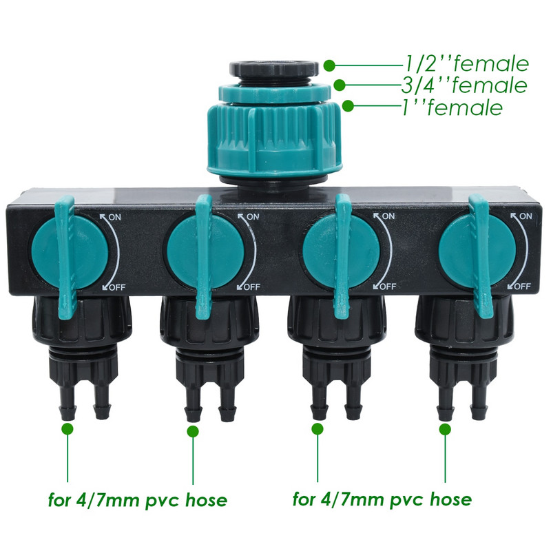 KESLA 1/2'' 3/4'' 1'' Distribuitor de apă cu 4 căi de ieșire Grădină 4/7mm 8/11mm Adaptor pentru furtun de udare Supapă de închidere pentru seră