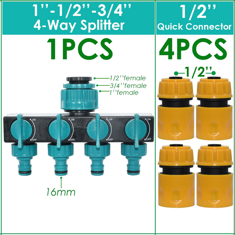 KESLA 1/2'' 3/4'' 1'' Distribuitor de apă cu 4 căi de ieșire Grădină 4/7mm 8/11mm Adaptor pentru furtun de udare Supapă de închidere pentru seră