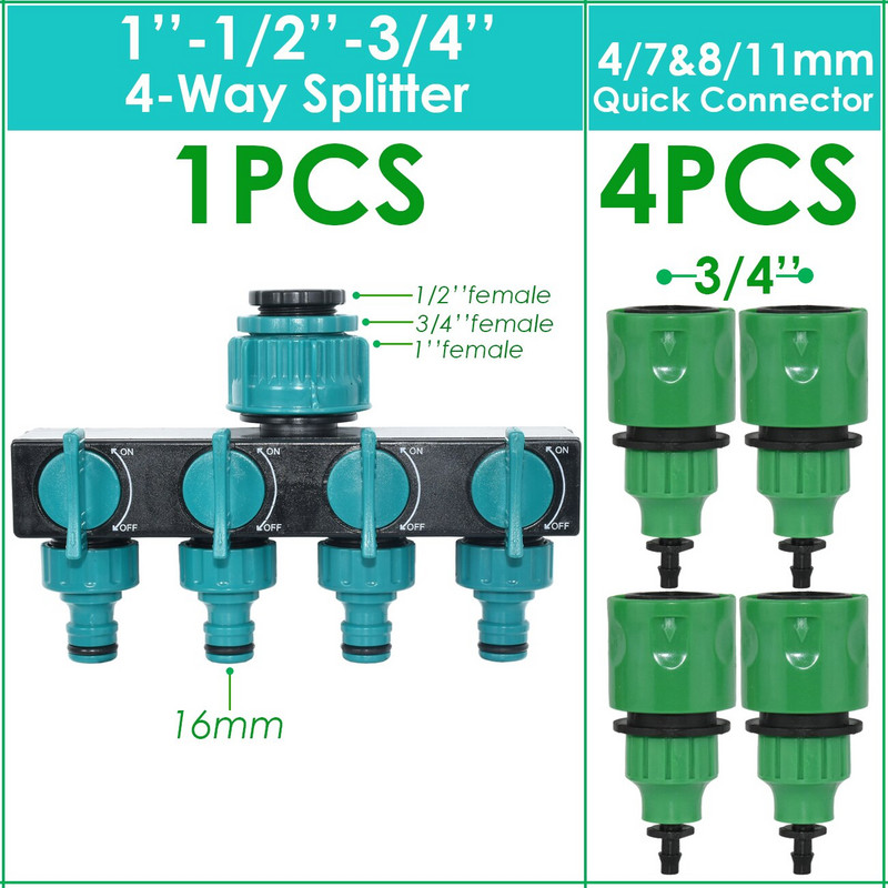 KESLA 1/2'' 3/4'' 1'' Distribuitor de apă cu 4 căi de ieșire Grădină 4/7mm 8/11mm Adaptor pentru furtun de udare Supapă de închidere pentru seră