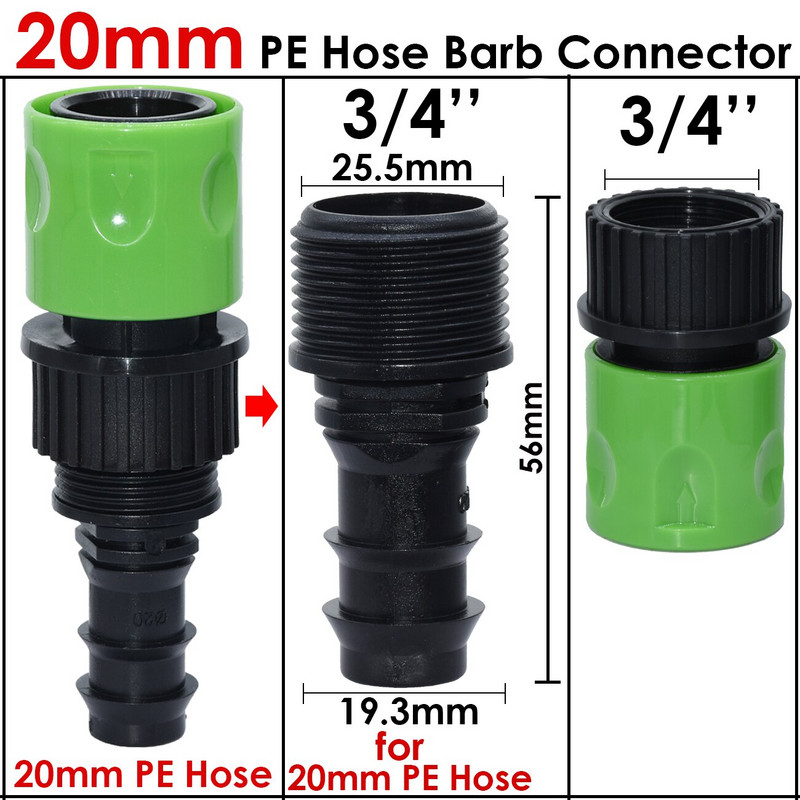 Üvegház 1 db Barb gyorscsatlakozó 16 mm-es 20 mm-es 25 mm-es PE tömlőhöz 3/4'' kerti vízcső csap adapter szerelvény öntözés üvegházhoz