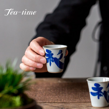 40ML Ръчно написана синя и бяла калиграфия Чаша за чай Ръчно изработена подглазурна цветна лична чаша Kung Fu Tea Retro Master Cup