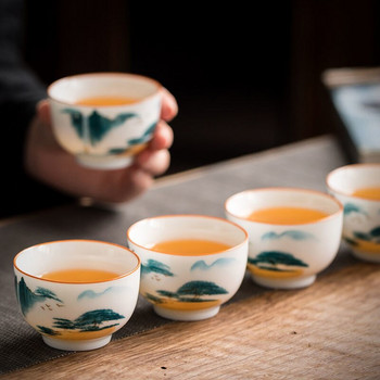 2PC/Комплект Бяла порцеланова чаша Ръчно рисувана пейзажна живопис Керамична чаша за чай Кунг Фу Малка купа за чай Керамични чаши Чаша Сервизи за чай
