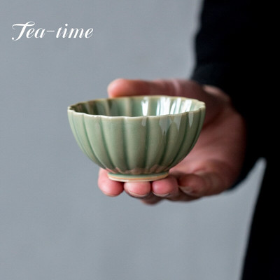 60ML Yue Kiln Celadon Flower Mouth Tea Cup Household Small Single Master Cup Κεραμικό Χειροποίητο Kung Fu Σετ μπολ τσαγιού Ποτά