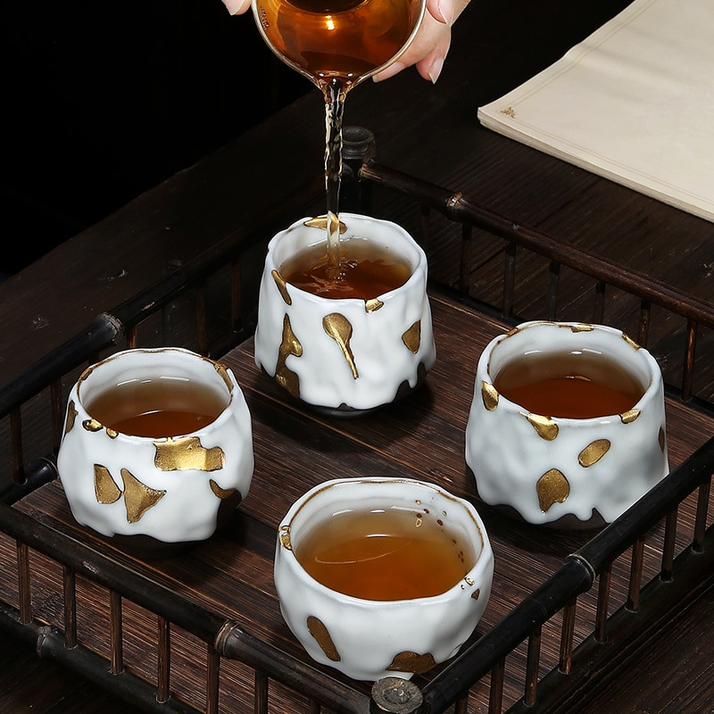 PINNY aranyozott kerámia kézzel készített teáscsésze ZHI YE SHAO japán kung fu teáscsészék Retro pigmentált teástál