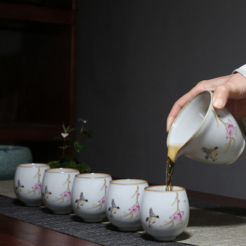 Retro Ru Kiln Κεραμικό φλιτζάνι τσαγιού Ταξίδι Προσωπικό Κύπελλο Διαλογισμού Ζωγραφισμένο στο χέρι Λουλούδια και Πουλιά Tea Bowl Master Cup Σετ οικιακού τσαγιού