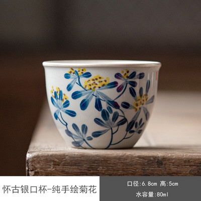 80 ml-es Retro tiszta kézzel festett virágos kerámia teáscsésze Dehua fehér porcelán ezüst szalagos kung fu tea nagy mesterpohár