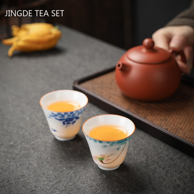 1db kínai Jingdezhen kézzel készített porcelán teáscsésze háztartási, kézzel festett virágos teáscsésze kerámia mesterpohár személyes teáskészletek