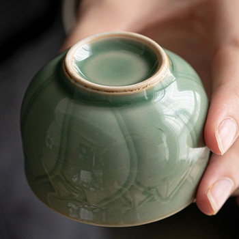 65ml Retro Celadon Sample Tea Cup Tea Maker Ceramic Master Cup Χειροποίητο μεγάλο ανάγλυφο φλιτζάνι τσαγιού Lotus with Coaster Kung Fu Teaware