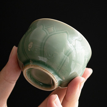 65ml Retro Celadon Sample Tea Cup Tea Maker Ceramic Master Cup Χειροποίητο μεγάλο ανάγλυφο φλιτζάνι τσαγιού Lotus with Coaster Kung Fu Teaware