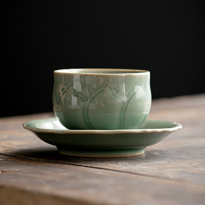 65 ml-es Retro Celadon Mintateás csésze Teafőző Kerámia mesterpohár, kézzel készített nagy domborműves lótusz teáscsésze alátéttel, Kung Fu teával