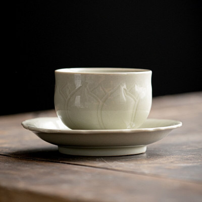 65 ml-es Retro Celadon Mintateás csésze Teafőző Kerámia mesterpohár, kézzel készített nagy domborműves lótusz teáscsésze alátéttel, Kung Fu teával