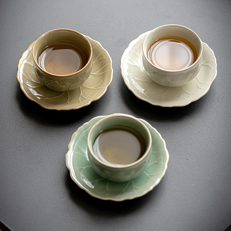 65 ml-es Retro Celadon Mintateás csésze Teafőző Kerámia mesterpohár, kézzel készített nagy domborműves lótusz teáscsésze alátéttel, Kung Fu teával