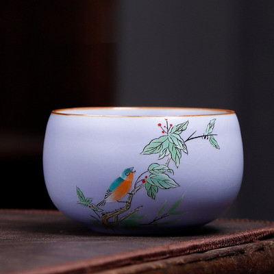 Kínai Boutique Ru kemence kerámia teáscsésze, kézzel festett virágmintás teástál otthoni teáskészlet utazási hordozható mesterpohár 100 ml