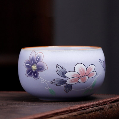 Kínai Boutique Ru kemence kerámia teáscsésze, kézzel festett virágmintás teástál otthoni teáskészlet utazási hordozható mesterpohár 100 ml