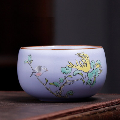 Kínai Boutique Ru kemence kerámia teáscsésze, kézzel festett virágmintás teástál otthoni teáskészlet utazási hordozható mesterpohár 100 ml