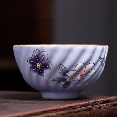 Kínai Boutique Ru kemence kerámia teáscsésze, kézzel festett virágmintás teástál otthoni teáskészlet utazási hordozható mesterpohár 100 ml