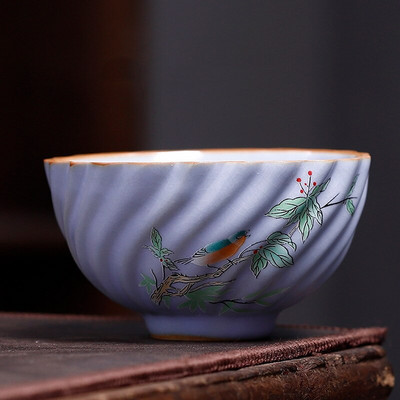 Kínai Boutique Ru kemence kerámia teáscsésze, kézzel festett virágmintás teástál otthoni teáskészlet utazási hordozható mesterpohár 100 ml