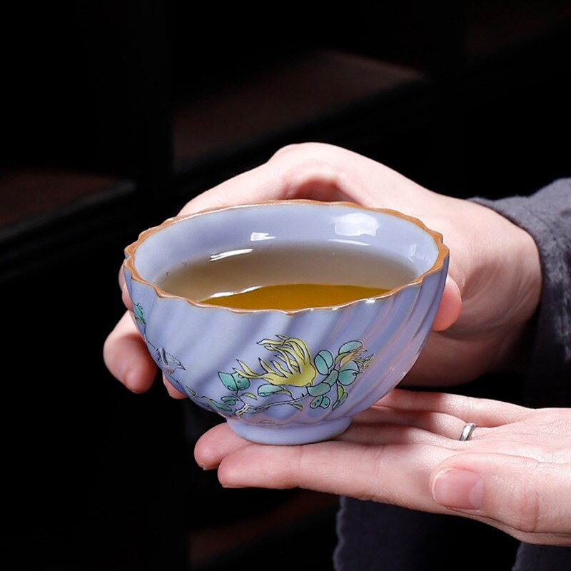 Kínai Boutique Ru kemence kerámia teáscsésze, kézzel festett virágmintás teástál otthoni teáskészlet utazási hordozható mesterpohár 100 ml