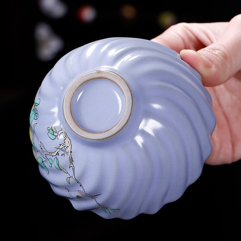 Kínai Boutique Ru kemence kerámia teáscsésze, kézzel festett virágmintás teástál otthoni teáskészlet utazási hordozható mesterpohár 100 ml