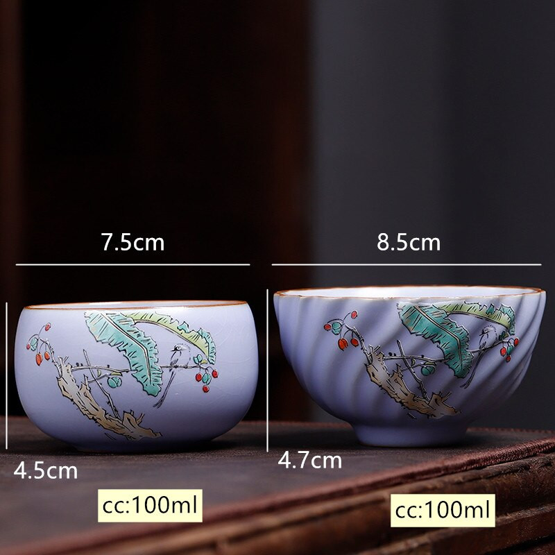 Kínai Boutique Ru kemence kerámia teáscsésze, kézzel festett virágmintás teástál otthoni teáskészlet utazási hordozható mesterpohár 100 ml