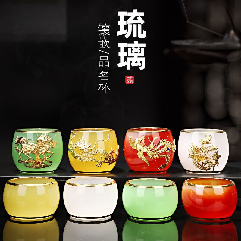 Arany berakásos Jade teáscsésze Jáde porcelán teáscsésze Színes mázas Sárkány Kupa Csúcsvonalú arany Buddha teáscsésze díszdobozban
