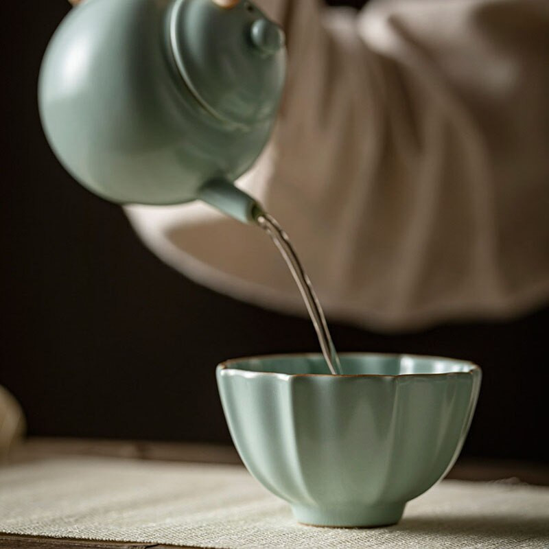 Bol de ceai din porțelan azur de 125 ml, făcut manual Ru Kiln, ceașcă de ceai din ceramică, ceașcă cu petală de lotus, ceai Kung Fu, o singură ceașcă, cadouri speciale pentru Master Cup