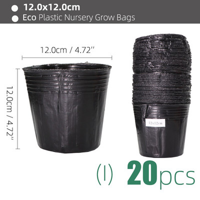 15 méretű PE műanyag ültetési táska Fekete faiskolai cserepek szellőzőnyílásokkal, alkalmas kis nagy kertben virágos gyümölcs-zöldség termesztésre