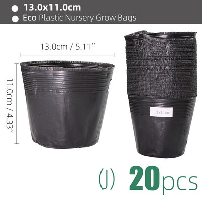 15 méretű PE műanyag ültetési táska Fekete faiskolai cserepek szellőzőnyílásokkal, alkalmas kis nagy kertben virágos gyümölcs-zöldség termesztésre