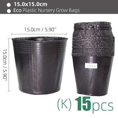 15 méretű PE műanyag ültetési táska Fekete faiskolai cserepek szellőzőnyílásokkal, alkalmas kis nagy kertben virágos gyümölcs-zöldség termesztésre