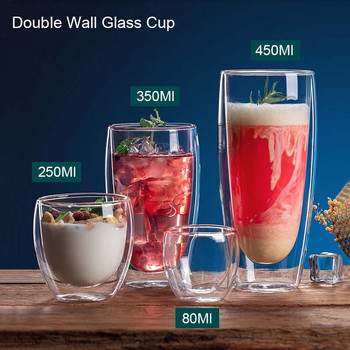 BORREY Топлоустойчива стъклена чаша с двойна стена Прозрачна стъклена чаша за бира Еспресо Чаша за кафе Чаша за мляко и сок Чаша за напитки Чаша Чаша