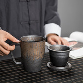 Позлатена керамична филтърна чаша с капак Офис чаша от три части Чаша за вода за варене на чай в ретро стил, Церемониална чаша