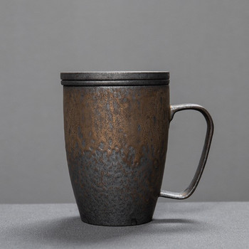 Позлатена керамична филтърна чаша с капак Офис чаша от три части Чаша за вода за варене на чай в ретро стил, Церемониална чаша