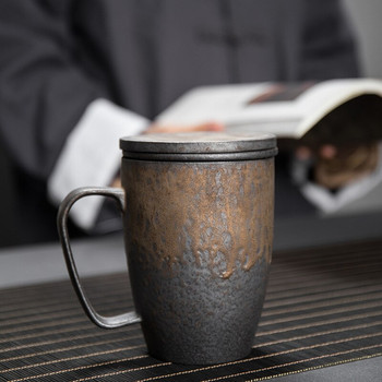 Позлатена керамична филтърна чаша с капак Офис чаша от три части Чаша за вода за варене на чай в ретро стил, Церемониална чаша