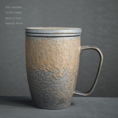 Позлатена керамична филтърна чаша с капак Офис чаша от три части Чаша за вода за варене на чай в ретро стил, Церемониална чаша