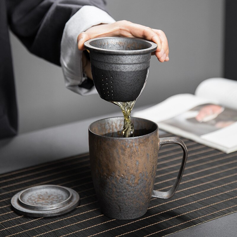 Позлатена керамична филтърна чаша с капак Офис чаша от три части Чаша за вода за варене на чай в ретро стил, Церемониална чаша