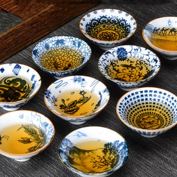 4 бр./лот Китайска синьо-бяла порцеланова чаша за път, керамична купа за чай против нагар, ръчно рисувани чаши за медитация Чаен комплект