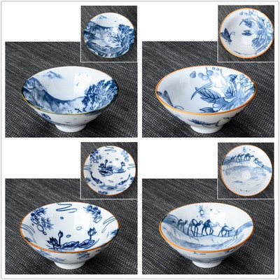 4 db / tétel Kínai kék-fehér porcelán teáscsésze Utazó kerámia teástál vízkőmentesítő, kézzel festett meditációs csészék teáskészlet