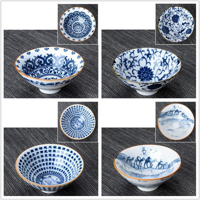 4 db / tétel Kínai kék-fehér porcelán teáscsésze Utazó kerámia teástál vízkőmentesítő, kézzel festett meditációs csészék teáskészlet