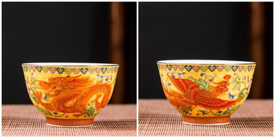 2 vnt. aukštos kokybės keraminis arbatos puodelis, emalio spalvos drakonas ir fenikso raštas arbatos puodelis Boutique individualus vieno puodelio arbatos rinkinio reikmenys