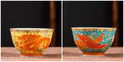 2 vnt. aukštos kokybės keraminis arbatos puodelis, emalio spalvos drakonas ir fenikso raštas arbatos puodelis Boutique individualus vieno puodelio arbatos rinkinio reikmenys