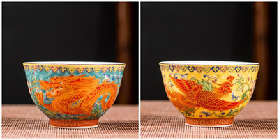 2 vnt. aukštos kokybės keraminis arbatos puodelis, emalio spalvos drakonas ir fenikso raštas arbatos puodelis Boutique individualus vieno puodelio arbatos rinkinio reikmenys