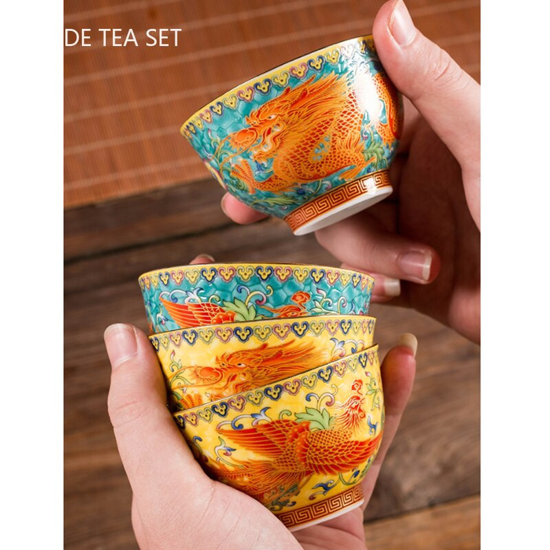2 vnt. aukštos kokybės keraminis arbatos puodelis, emalio spalvos drakonas ir fenikso raštas arbatos puodelis Boutique individualus vieno puodelio arbatos rinkinio reikmenys
