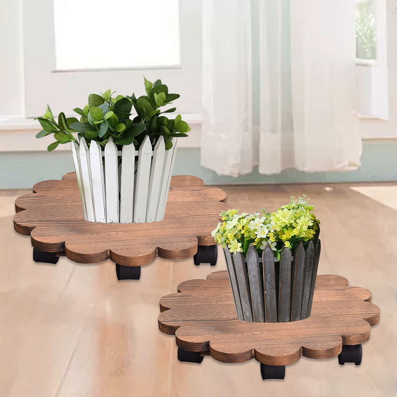 Kilnojamas medinis vazono stovas su ratuku, apvaliu gėlių vazono laikikliu Universalus skriemulys Lengvai perkeliamas gėlių vazono padėklas augalų stovo lentyna