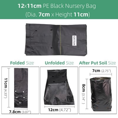 100/200 DB 14 méretű PE ültetés palántanevelő zacskók vastag fekete táptasakok légáteresztő mezőgazdasági termesztési faiskolai tasak
